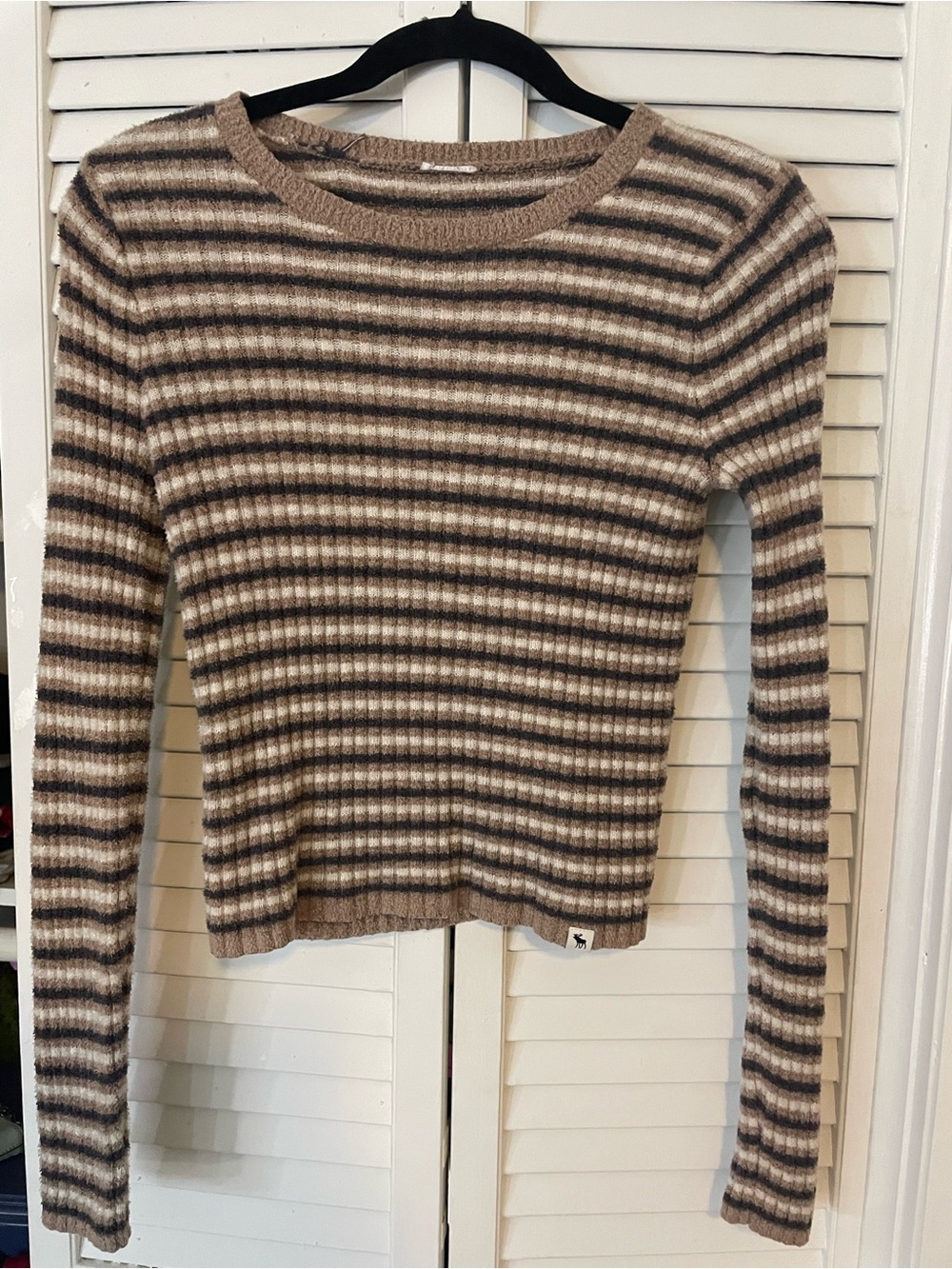 Abercrombie & Fitch Brown and Cream Striped Ribbed Long-Sleeve Tee